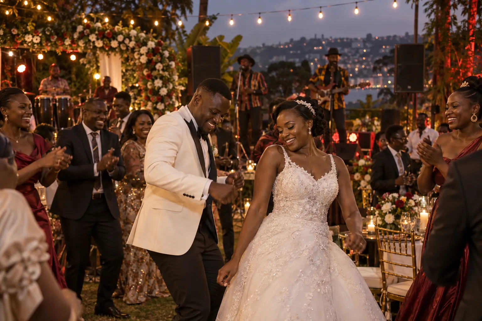 Illustrative African wedding celebration with music and dancing