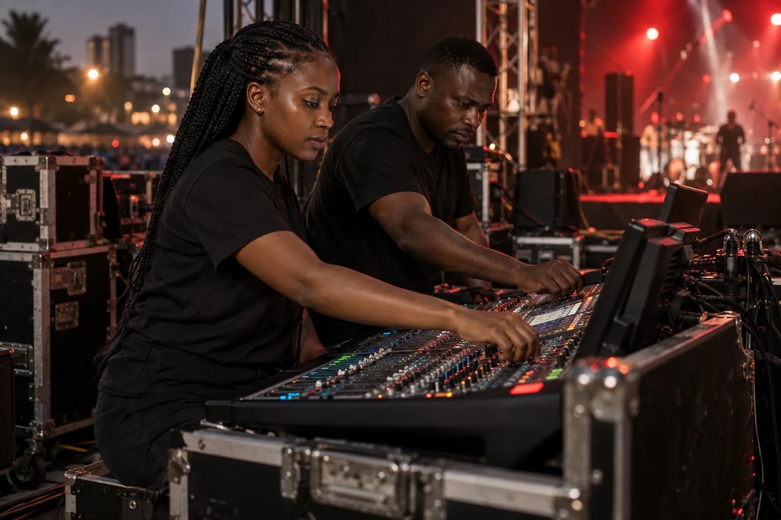 Illustrative image of two African sound engineers preparing a mixing console
