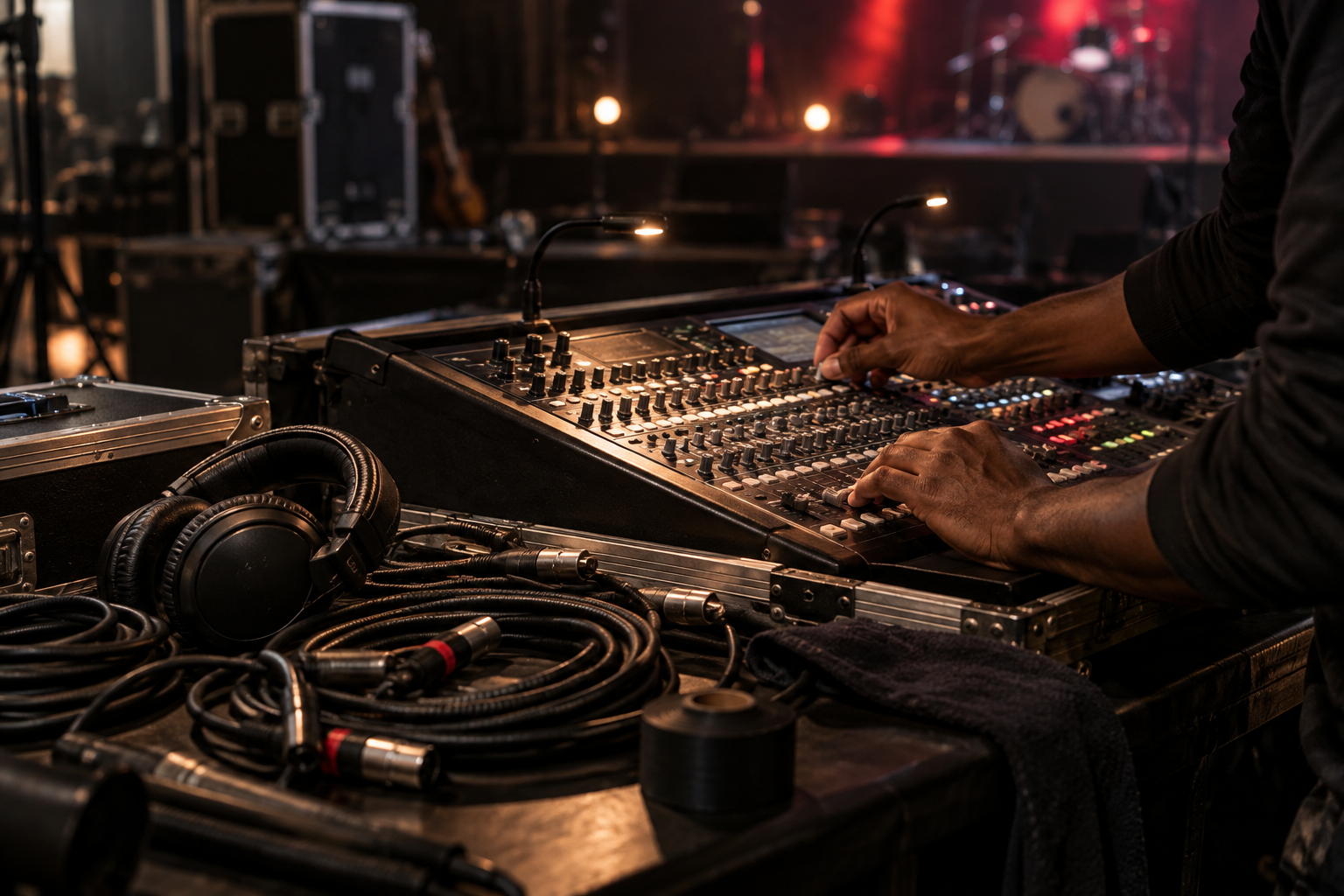 Illustrative audio technician checking a mixing console before an event