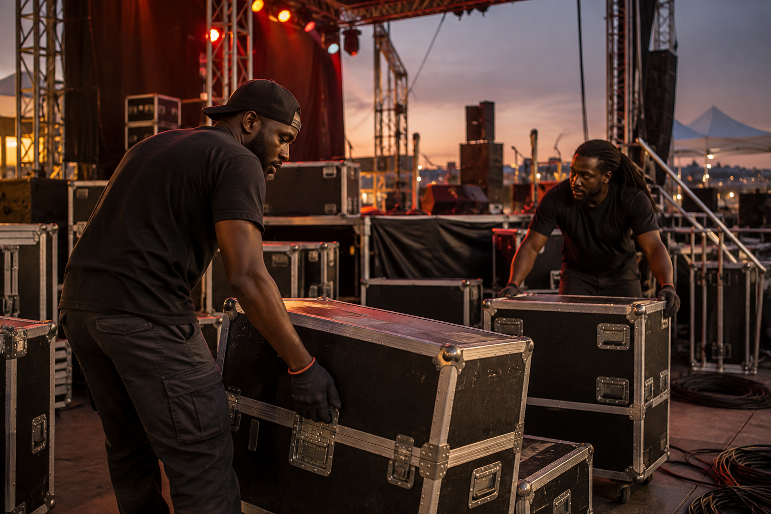 Illustrative audio technicians moving equipment flight cases before an event