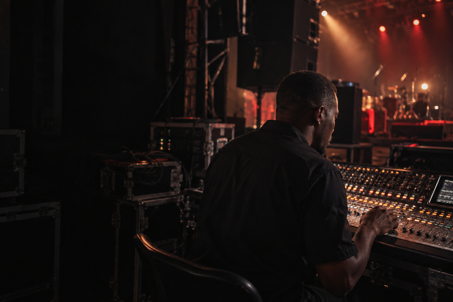Illustrative sound engineer working at a mixing console backstage