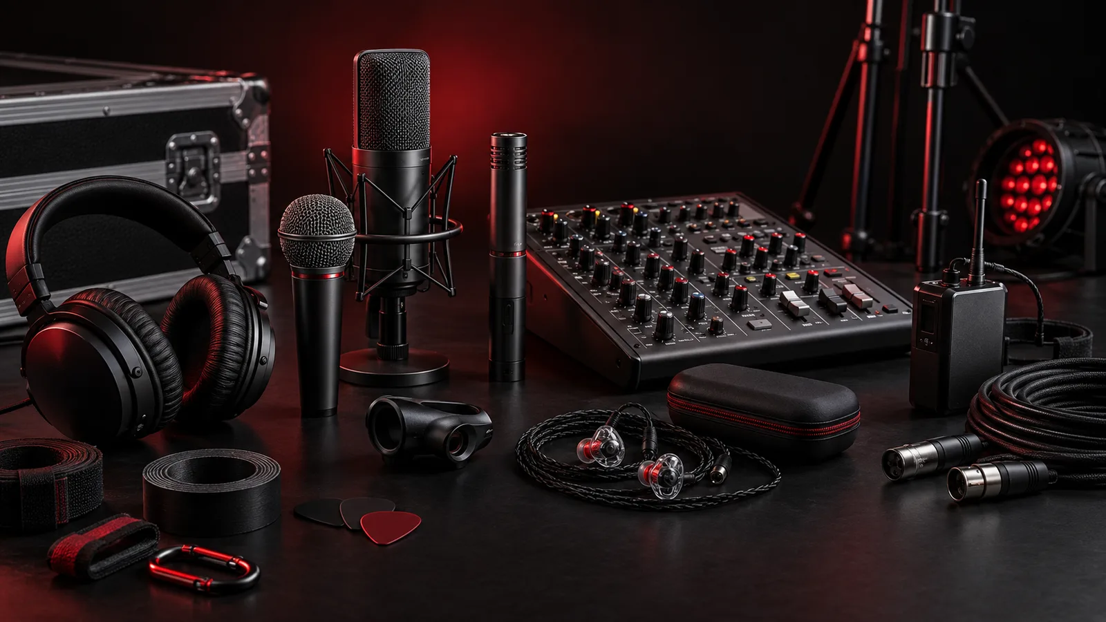 Illustrative selection of microphones, headphones and mixing equipment