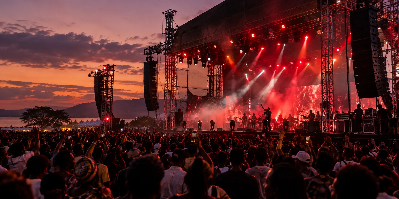 Illustrative outdoor concert stage with an African audience at sunset